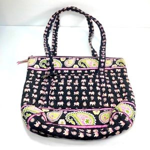 Vera Bradley Large Elephant Paisley Shoulder Bag/ Tote Black w/Pink & Pale Green